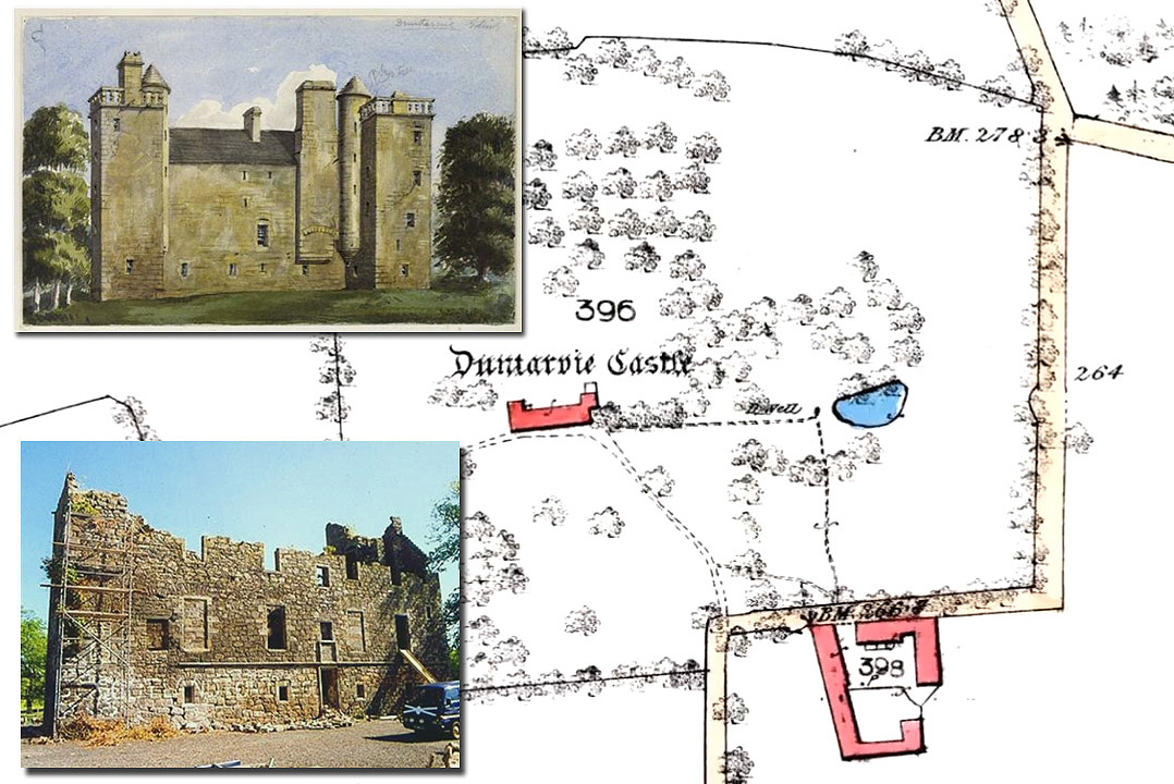 Map and drawing of Duntarvie Castle as it once was.