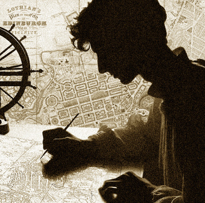 George Bartholonew illustration with drawing tools on map