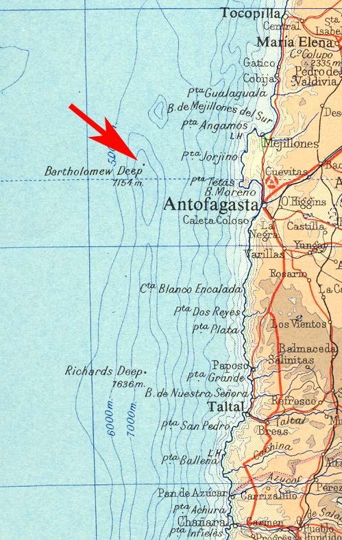 Times Atlas with Bartholomew Deep shown by an arrow